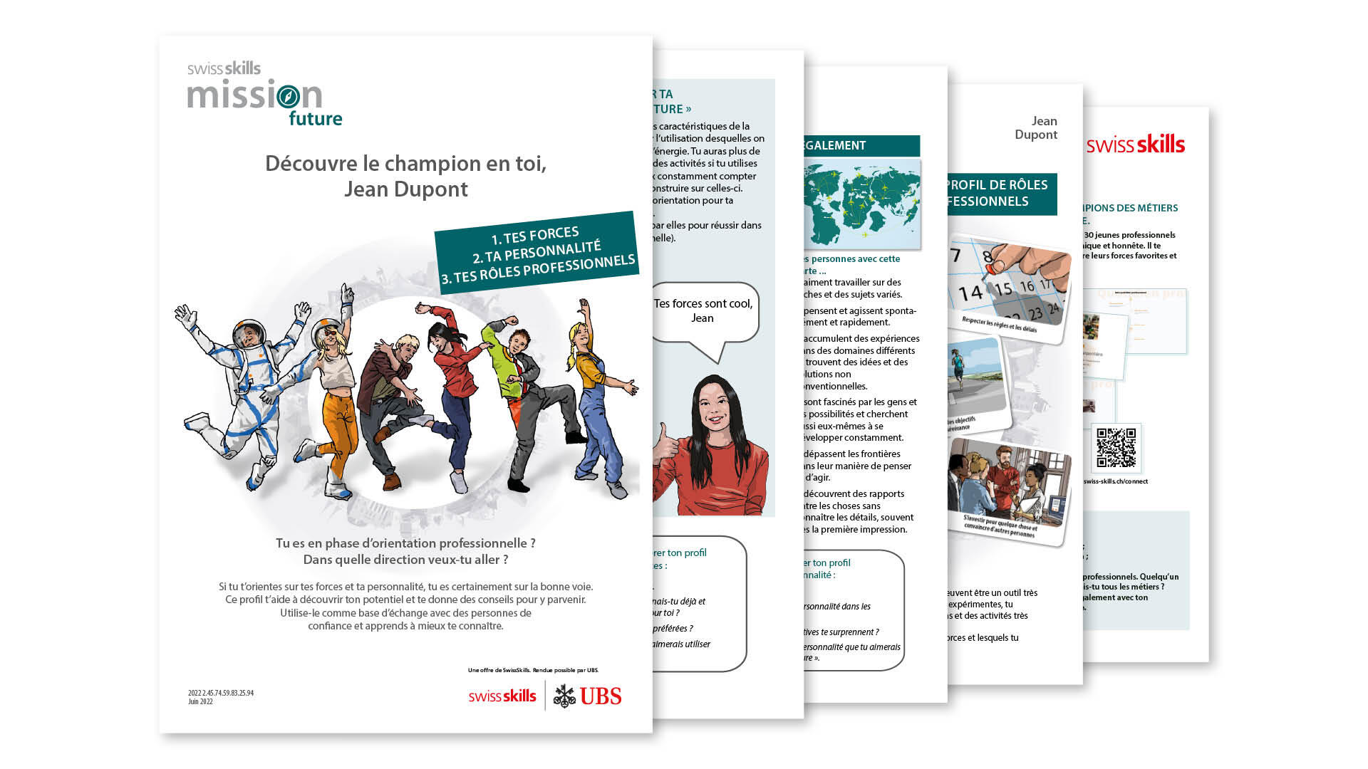 Une série de cinq pages de brochures superposées intitulées "Mission future" de SwissSkills et UBS, présentant des professionnels divers, un texte informatif, un code QR et un personnage de bande dessinée encourageant l'orientation professionnelle.
